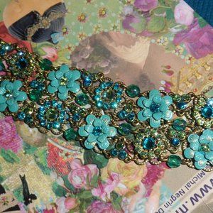 Michal Negrin bracelet-  turquoise painted flowers and icy Swarovski crystals